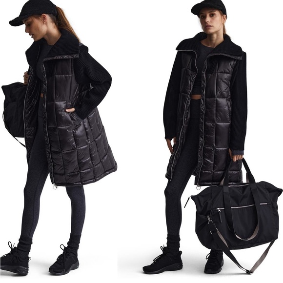 Varley Jackets & Blazers - Varley Mayten Knit Puffer Jacket Black Mock Neck Zipper Ribbed Long Coat XS, NEW